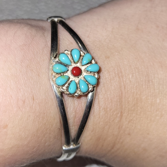 Vintage Sterling,Turquoise & Coral Cuff Bracelet - Picture 3 of 10